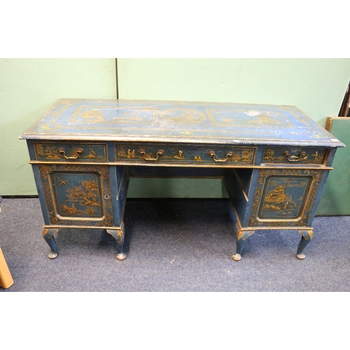 454 - Chinoisere blue painted kneehole desk decorated with figures, raised on cabriole supports, 153cm lon... 