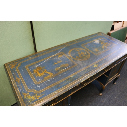 454 - Chinoisere blue painted kneehole desk decorated with figures, raised on cabriole supports, 153cm lon... 