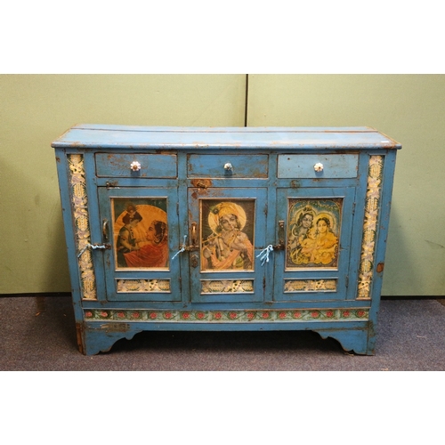 455 - Indian inspired blue painted sideboard with inset tiles and Indian prints, 149cm long