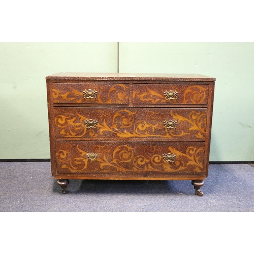 456 - 19th century pokerwork two over two drawers chest raised on turned supports