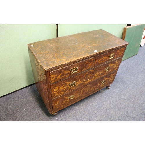 456 - 19th century pokerwork two over two drawers chest raised on turned supports