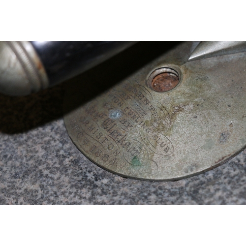 337A - Pair of Scottish granite curling stones, presentation inscription to handle, 28cm diameter.