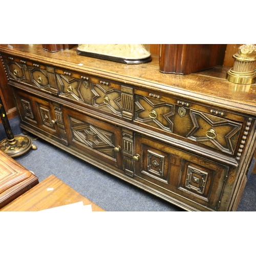 365 - Early antique sideboard, the rectangular top with canted corners and moulded edge above three frieze... 