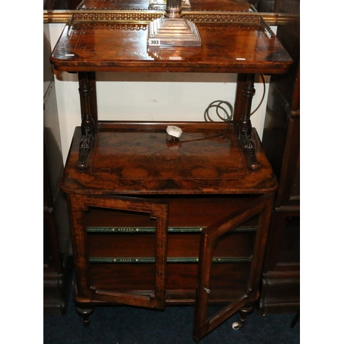 374 - Victorian rosewood, marquetry and string inlaid music cabinet with brass gallery rail raised on cast... 