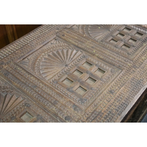 453 - Indian chip carved hardwood dowry style chest of Zanzibar style with hinge top decorated with birds ... 