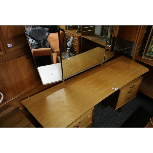 359 - Mid century walnut and teak dressing table by Alfred Cox for AC Furniture, the triptych mirrors over... 