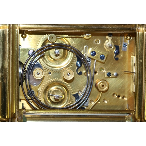 327 - 19th century repeater carriage clock in brass case, the enamel dial with Roman numerals and subsidia... 