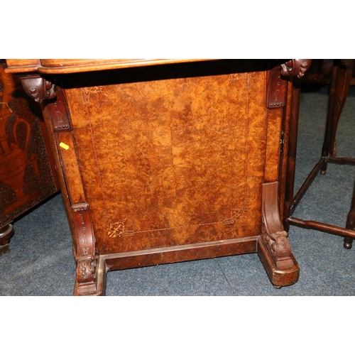 385 - Victorian burr walnut and marquetry inlaid Davenport desk, with hinged top stationary compartment, p... 