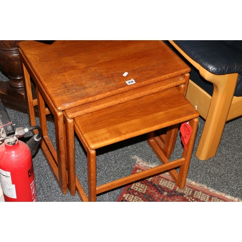 358 - Mid 19th century nest of three teak tables, each with rectangular top, raised on simple legs united ... 