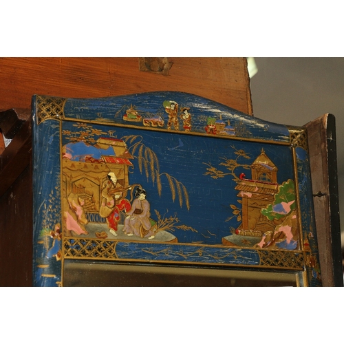 380 - Chinoiserie lacquered trumeau wall mirror decorated with Chinese figures and temple, 65cm x 30cm&nbs... 