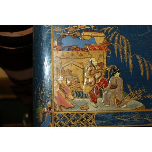 380 - Chinoiserie lacquered trumeau wall mirror decorated with Chinese figures and temple, 65cm x 30cm&nbs... 