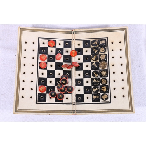 105 - De La Rue Improved Pocket Chess Board with Chess Men (lacking one piece) in sleeve and Huntley and P... 