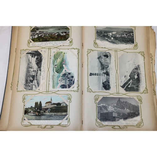 230 - An early 20th century postcard album containing over 300 cards of mixed interest including European ... 