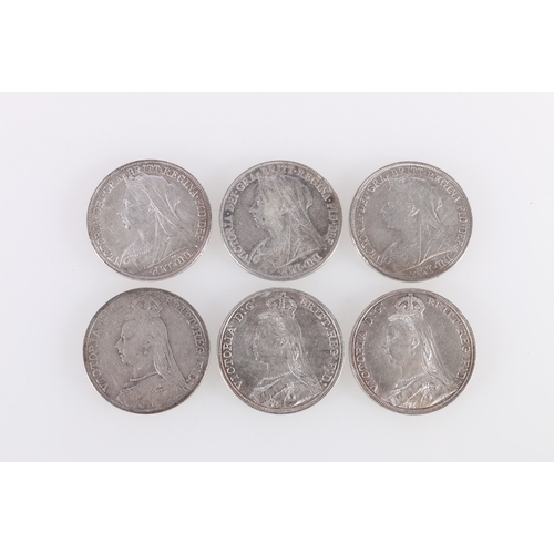 290 - UNITED KINGDOM Victoria (1837-1901) silver crowns 1889, 1890, 1891 1896 LX, 1899 LXII and 1900 LXIV,... 