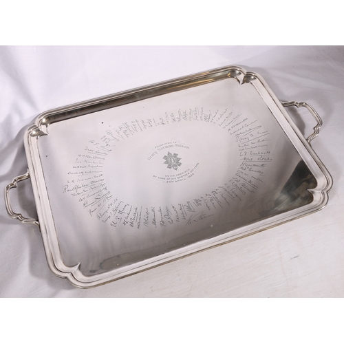 359 - George V silver twin handled tray engraved with The Royal Highlanders Black Watch crest 