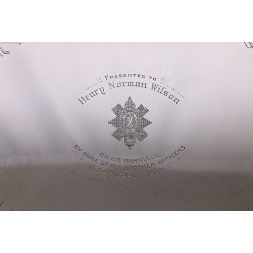 359 - George V silver twin handled tray engraved with The Royal Highlanders Black Watch crest 