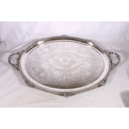 360 - Victorian silver twin handled tray with feathered edge and foliate scroll engraved field, presentati... 