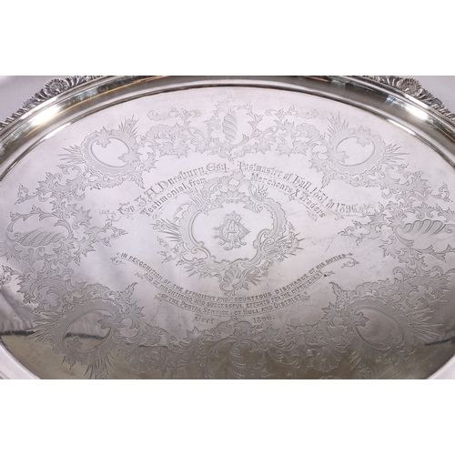 360 - Victorian silver twin handled tray with feathered edge and foliate scroll engraved field, presentati... 