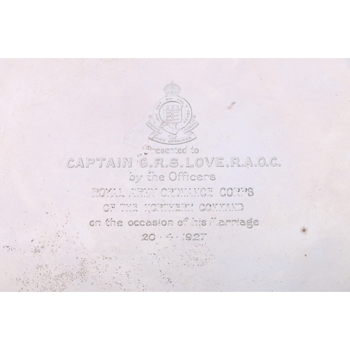 370 - Royal Army Ordnance Corps interest, George V silver saver inscribed with RAOC crest and presentation... 