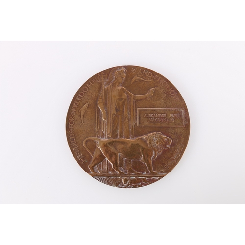 374 - WWI death plaque or dead man's penny for Alexander John Macdonald