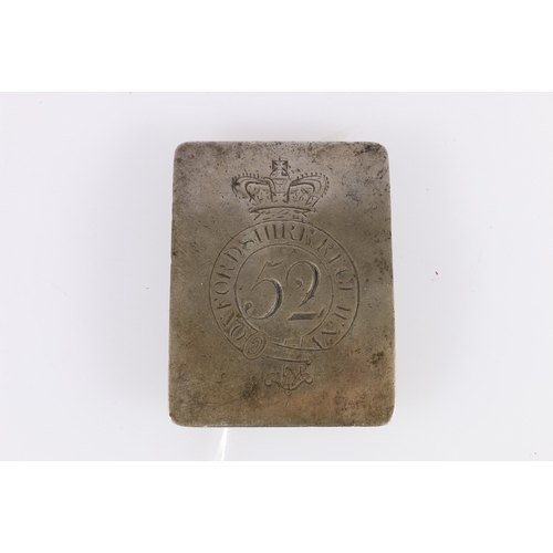 399 - English white metal shoulder belt plate of the 52nd (Oxfordshire) Regiment of Foot, 9cm x 6.5cm