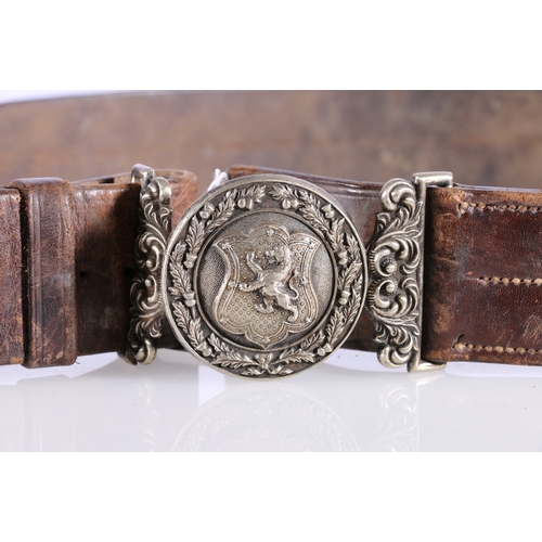 412 - Scottish silver on copper belt buckle with design of lion rampant on shield surrounded by thistle wr... 