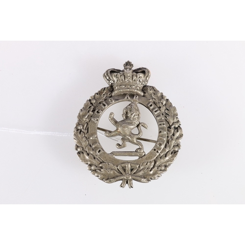 413 - Scottish plaid brooch with Queen's crown over thistle wreath containing rampant lion with motto 