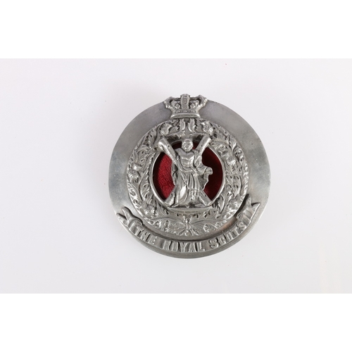 416 - Scottish white metal plaid brooch of the Royal Scots with Queen's crown over thistle wreath with St ... 