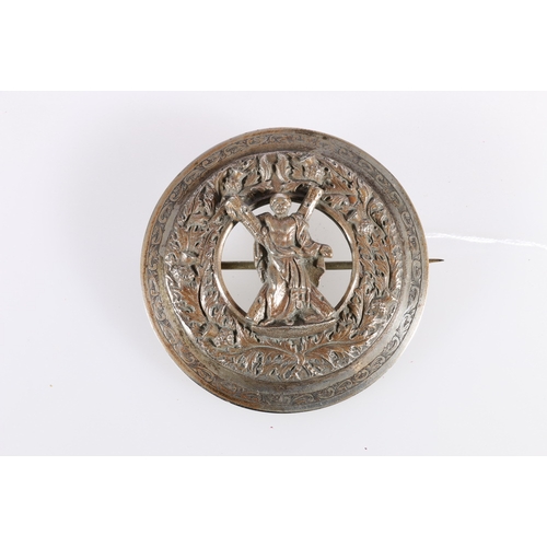 417 - Scottish white metal plaid brooch with design of St Andrew on the cross within thistle wreath, possi... 