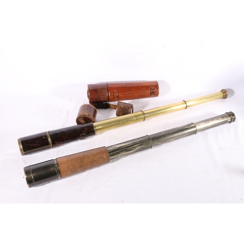 451 - W Ottway and Co of Ealing leather bound brass three draw telescope dated 1906 with War Department cr... 