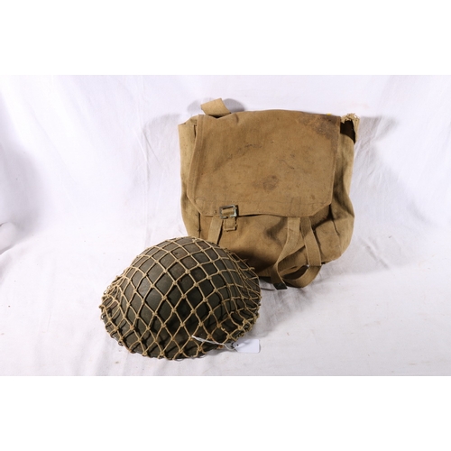 WWI Brodie type helmet with leather liner and a canvas pack 2