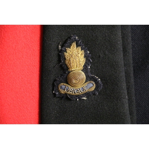 525 - British Army mess dress scarlet red tunic with Ubique bullion wire lapel badges, a waistcoat and a p... 