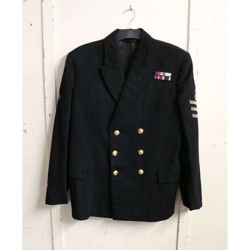 545 - British Royal Navy dress uniform jacket having A Fleming and Co of Portsmouth label with brass naval... 