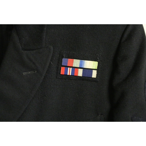 545 - British Royal Navy dress uniform jacket having A Fleming and Co of Portsmouth label with brass naval... 