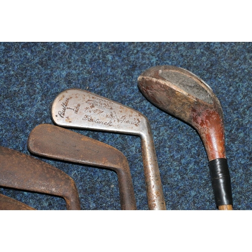 208 - Ten hickory shafted golf clubs including four metal shafted woods and six irons including: Two C. &a... 