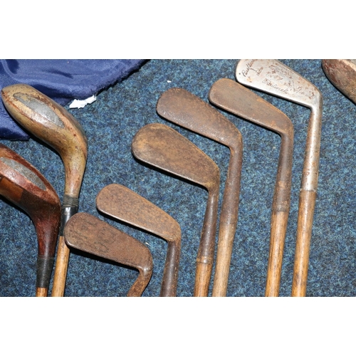 208 - Ten hickory shafted golf clubs including four metal shafted woods and six irons including: Two C. &a... 