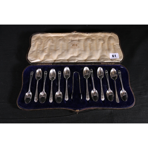 61 - Set of twelve Edwardian Art Nouveau period silver teaspoons and sugar tongs by Josiah Williams ... 