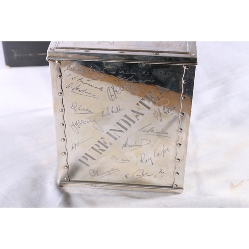 64 - Indian silver tea caddy inscribed 