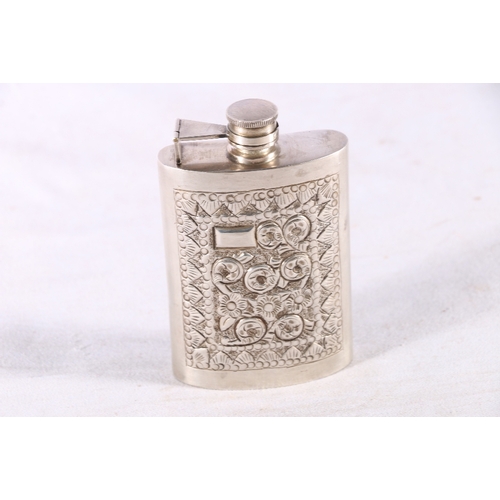 75 - Sterling silver hip spirit flask with floral motif and geometric decoration, 105g, 11cm tall