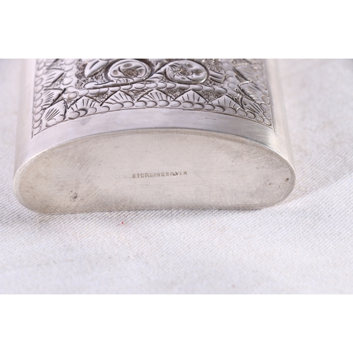 75 - Sterling silver hip spirit flask with floral motif and geometric decoration, 105g, 11cm tall