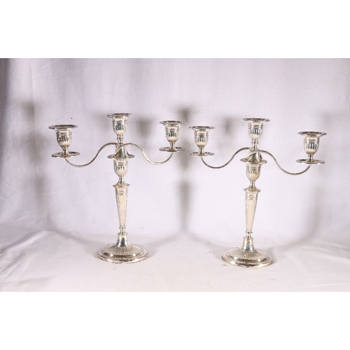 82 - Pair of Edwardian silver twin branch candelabra of classical Adams design by Fordham & Faulkner ... 