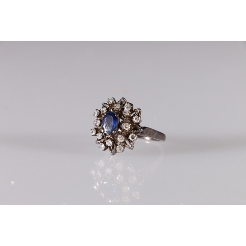 95 - White metal diamond and sapphire set cluster ring, size O, 6.6g