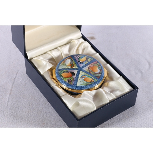 253 - Modern Moorcroft Enamels bird decorated box, limited edition number 49/150, dated '03, 7cm diameter,... 