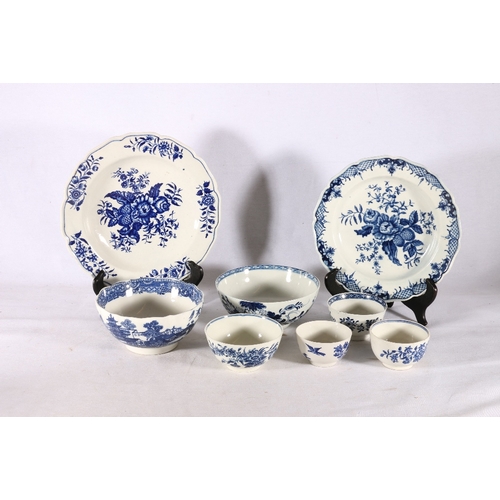 267 - Group of early blue and white ceramics including Crescent mark Worcester, Caughley etc. including te... 