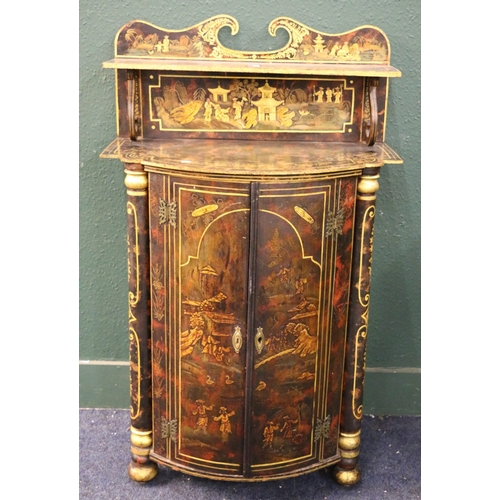 527 - 19th century Chinoiserie decorated bow front cabinet, the gallery back with swan neck pediment over ... 