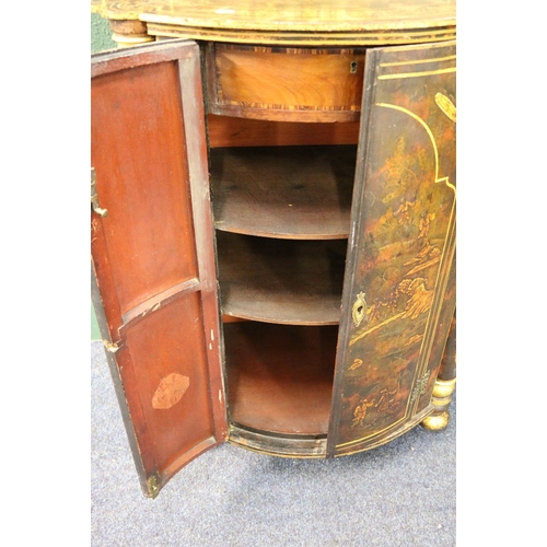 527 - 19th century Chinoiserie decorated bow front cabinet, the gallery back with swan neck pediment over ... 