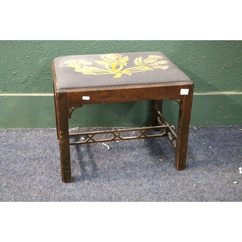 531 - Chinese Chippendale style mahogany framed stool with tapestry seat, 51cm wide