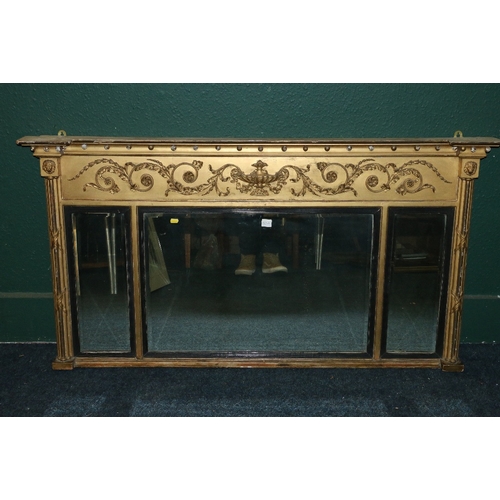 532 - 19th century Adams style gilt framed triptych over mantle wall mirror with ball frieze, 142cm wide