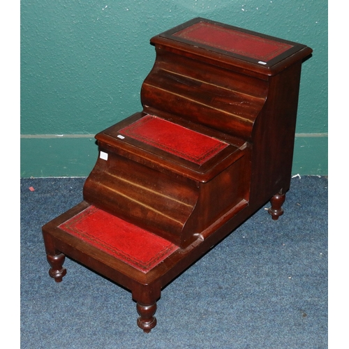 533 - Mahogany commode library steps or bed steps with inset red leather skiver tops raised on turned supp... 