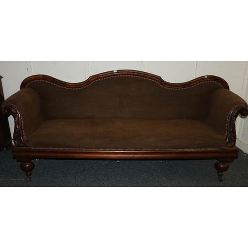 537 - 19th century mahogany scroll arm settee, the recurved back above carved scroll arms with floral moti... 